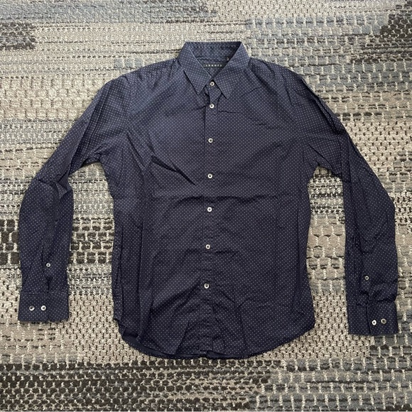 Theory Other - Mens Theory Long Sleeve Button Down Shirt in Navy Blue, White Dots, Size Medium